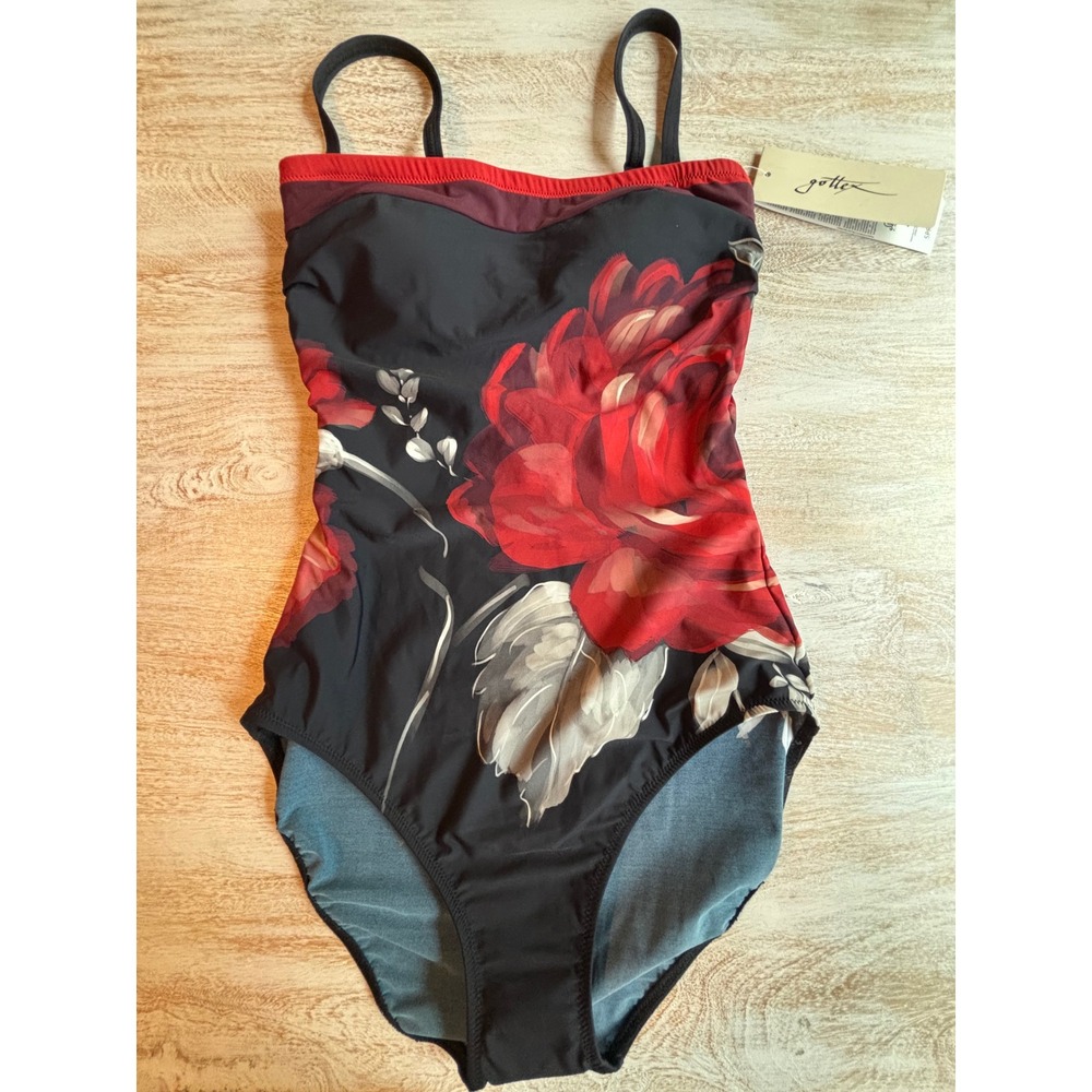 Gottex size 8 Floral Rose One Piece Swimsuit Womens Black Red 21RO070 - Picture 2 of 8
